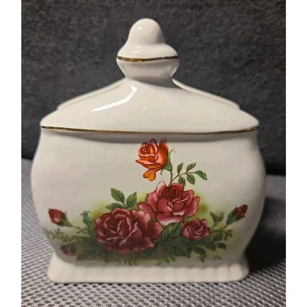 Vntg Porcelain Victorian Rose Salt & Pepper Shakers With Napkin Holder